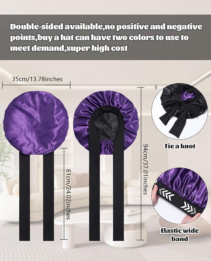 Satin Bonnet Silk Bonnet for Sleeping Silk Sleep Cap Double Layer Hair Bonnet with Elastic Tie Band for Curly Hair Night Cap(Black+Dark Purple)