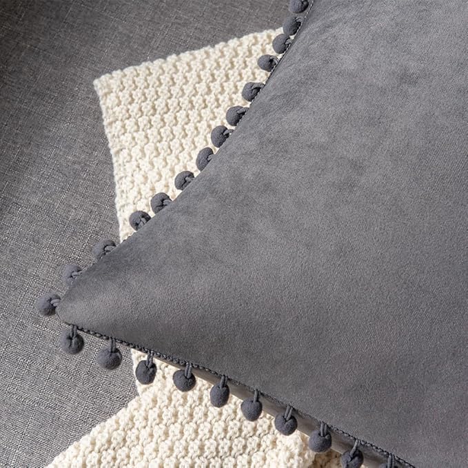 DEZENE Throw Pillow Covers 20x20 Dark-Grey: 2 Pack Cozy Soft Pom-poms Velvet Square Decorative Pillow Cases for Farmhouse Home Decor