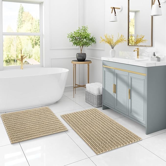 Arotive Luxury Chenille Bathroom Rug Mat, Extra Soft Thick Absorbent Shaggy Bath Rugs, Non-Slip Machine Wash Dry, Plush Bath Mats for Bathroom, Shower and Tub, 44x32, Beige