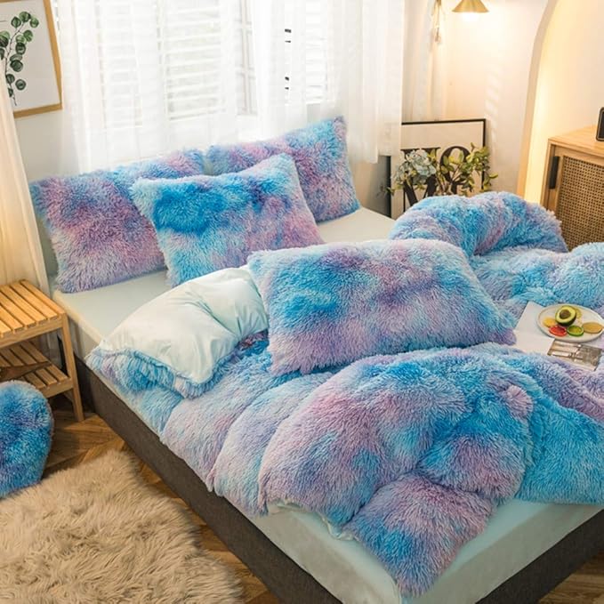 MorroMorn 5 PCS Plush Shaggy Duvet Cover Sets, Luxury Shag Fluffy Comforter Cover Fuzzy Bedding Set - Long Faux Fur Ultra Soft Cozy (Starry Sky, Full/Queen)