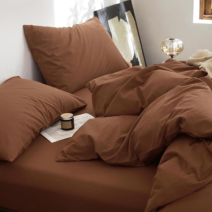 FOSSA Duvet Cover Set 100% Washed Cotton Linen Feel Super Soft Breathable Cozy 3 Pieces Bedding Sets Solid Dark Orange Oversized King