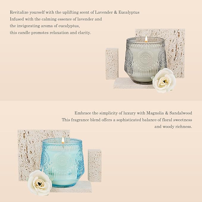 Luxury Scented Candles Gift Set - Floral & Woody Soy Wax Candles in Glass Jars 4Pack 7 oz - Jasmine Lily/Lavender Eucalyptus/Magnolia Sandalwood/Amber Patchouli