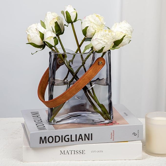 Glass Purse Vase for Flowers Black Vases for Centerpieces Glass Bag Vase with Leather Handle Small Bag Vases for Decor Decorative Fish Bowl for Home Wedding Decor