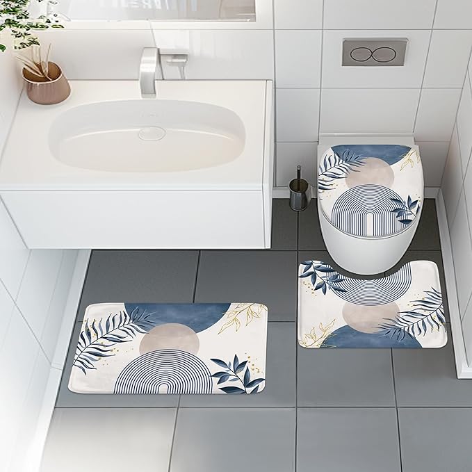 4 PCS Navy Blue Gray Boho 72Wx72H Shower Curtain Set Modern Mid Century Plant Bath Rug Toilet Lid Cover Nonslip U Shape Mat Quick Dry Rubber Backed Dirt Resistant Accessories Bathroom Decor