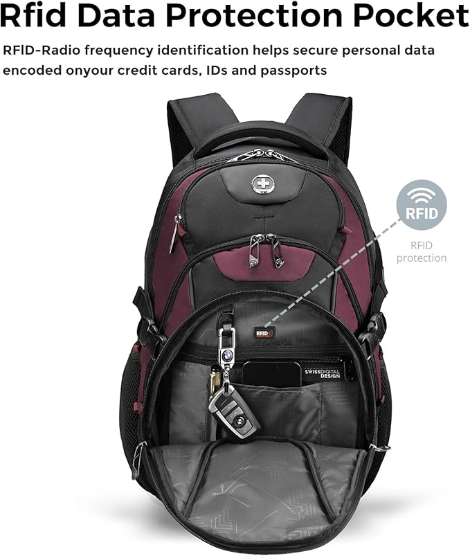 Swissdigital Design Laptop Backpack with USB Charging Port, Travel Backpack Fits 15.6 inches Computer, 31L College School Backpack for Women, Burgundy/Black | SD803