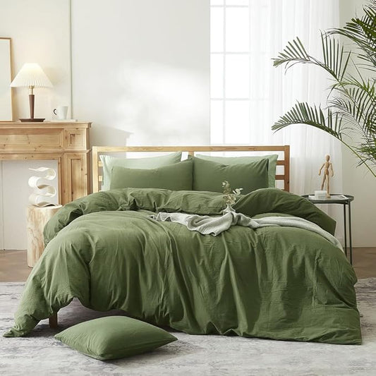 AMWAN Army Green Duvet Cover Soft Washed Cotton Bedding Sets 3 Piece Olive Green 1 Duvet Cover with 2 Pillowcases Simple Style Comforter Cover Cotton Bedding Sets, Full(80''x90'')