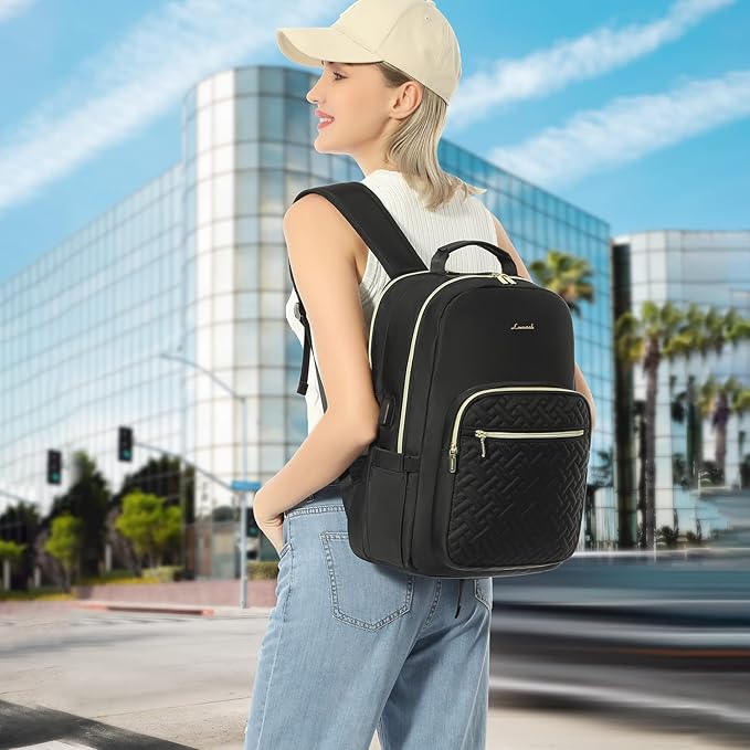 LOVEVOOK Laptop Backpack for Women, Stylish Quilted Backpacks Purse for Business Work Travel, Computer Bags Bag, with USB Port fits 15.6-inch Laptop, Black