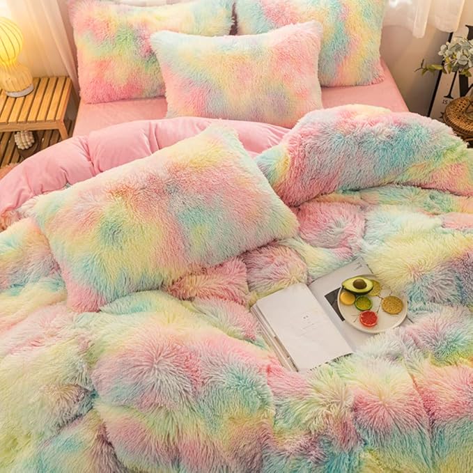 MorroMorn 5 PCS Plush Shaggy Duvet Cover Sets, Luxury Shag Fluffy Comforter Cover Fuzzy Bedding Set - Long Faux Fur Ultra Soft Cozy (Rainbow, Full/Queen)