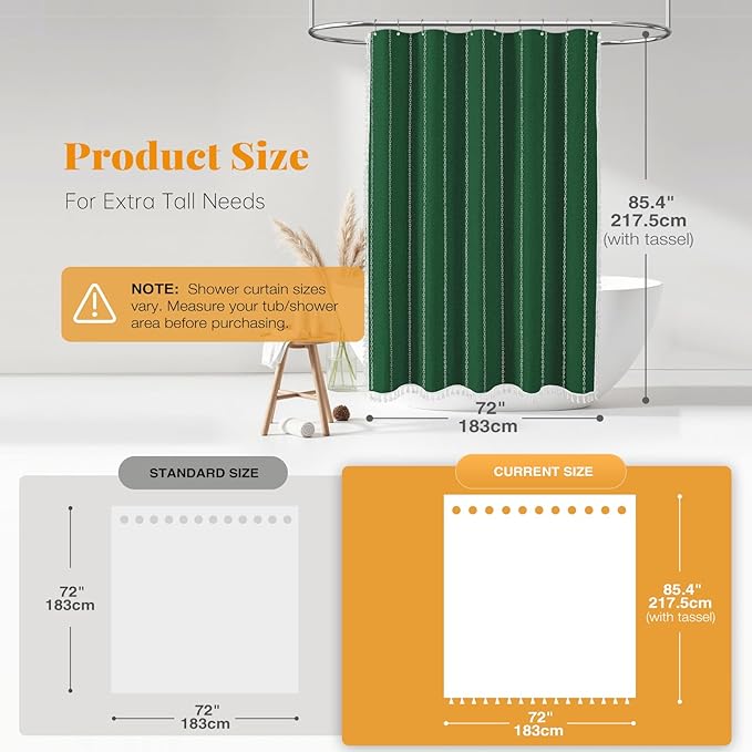 BTTN Extra Long Shower Curtain - 72x84 Long Boho Chic Striped Tassel Linen Fabric Shower Curtain Set with Hook, Tall Modern Farmhouse Cute Heavy Duty Cloth Shower Curtains for Bathroom - Emerald Green