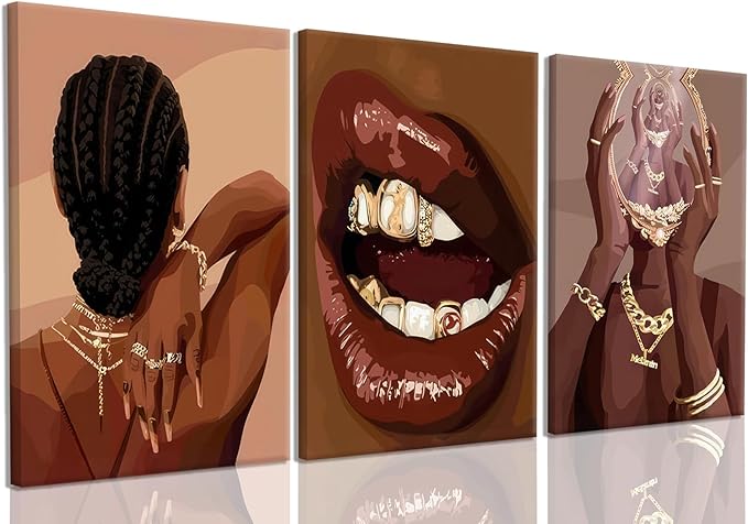 ANVOTIG Framed Black Girl Canvas Wall Art Set of 3 Black Woman African American Women Wall Decor Pictures Boho Fashion Posters Home BedRoom Living Room 12x16 Inch