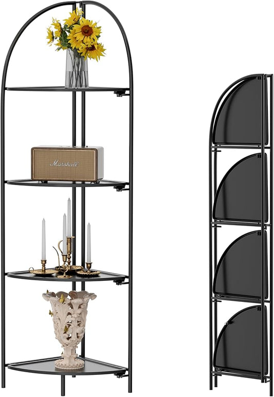 Crofy Foldable 4 Tier Corner Shelf, Metal Corner Plant Stand with Black Frame and Black Shelves, Corner Display Rack Multipurpose Shelving Unit for Living Room, Bedroom, Bathroom