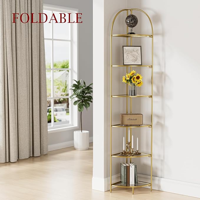 Crofy Foldable 6 Tier Corner Shelf, Metal Corner Plant Stand with Gold Frame and Transparent Shelves, Corner Display Rack Multipurpose Shelving Unit for Living Room, Bedroom, Bathroom