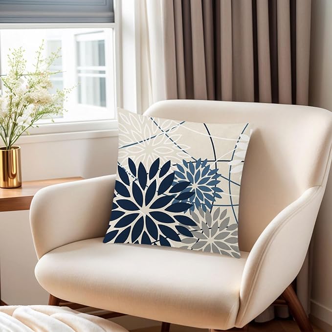 Blue White Pillow Covers 16x16 Set of 6, Daisy Dahlia Throw Pillow Cover, Beige Pillowcase, Modern Couch Pillow Cover for Sofa Living Room Farmhouse Home Decor