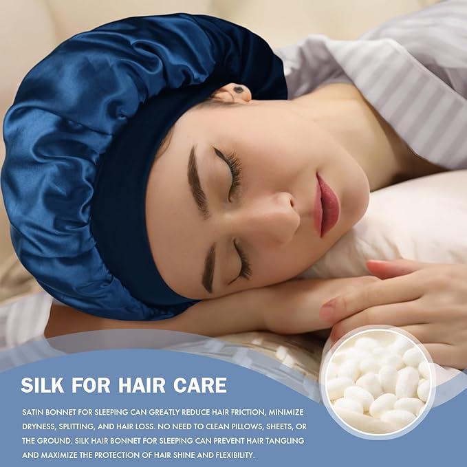Satin Silk Bonnet for Sleeping, Double Layer Silk Sleep Cap for Men & Women, Soft Satin Lined Bonnet for Natural & Curly Hair(Navy Blue)