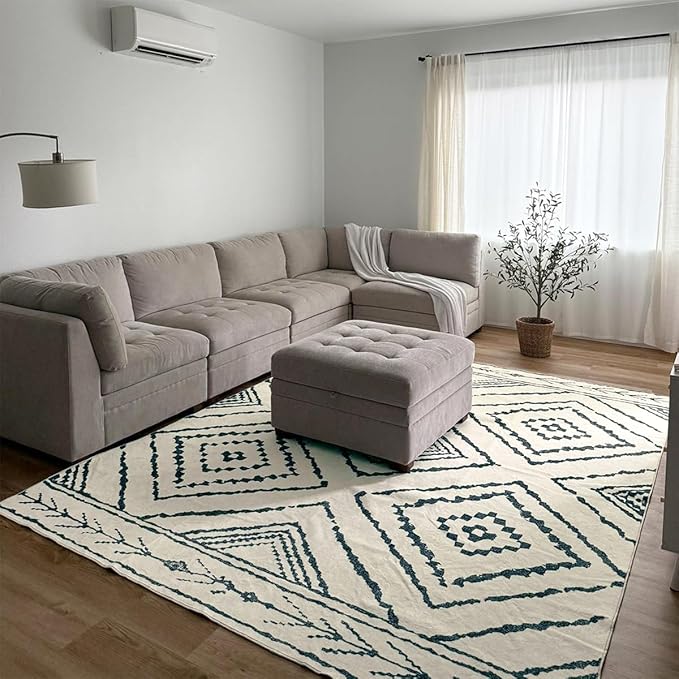 Area Rug 5x7 Rug Machine Washable Non-Slip Low Pile Print Pattern Western Rug for Living Room Bedroom Entryway Tribal Series -Navywhite/Black