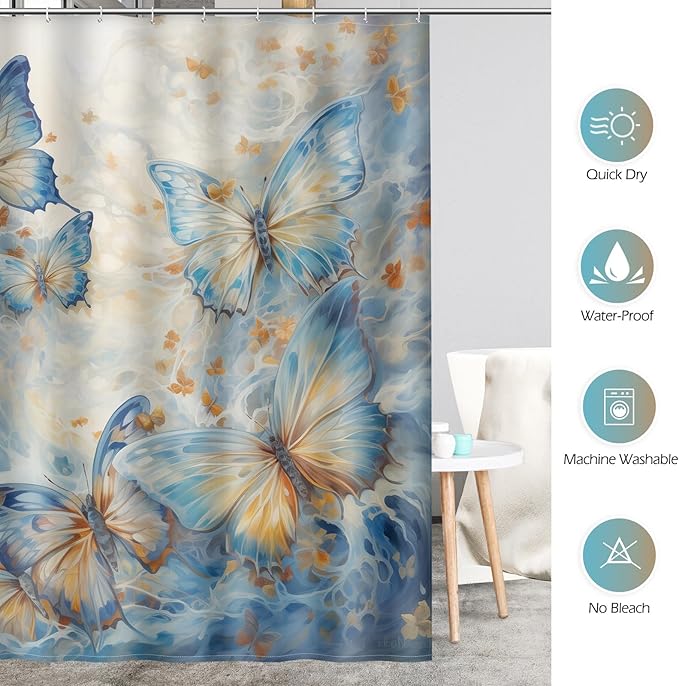 Aimego Long Butterfly Shower Curtain - Blue Burnt Orange Butterflies Watercolor Oil Painting Spring Summer Shower Curtain Set with 12 Hooks for Bathroom Decor Accessories Bathtub Curtain, 72"x78"