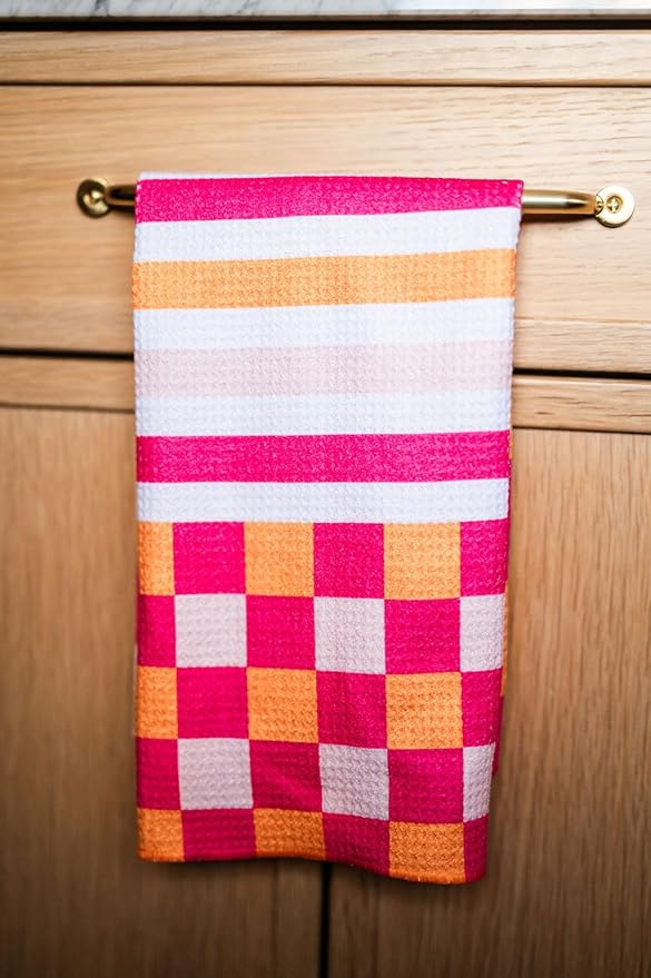 || 3 Pack|| Double Sided || Not Your Ordinary Dish Towels || Waffle Weave Microfiber || Highly Absorbent || Hanging Loop || Dish Cloths || Modern || Designer Prints|| Pink & Orange