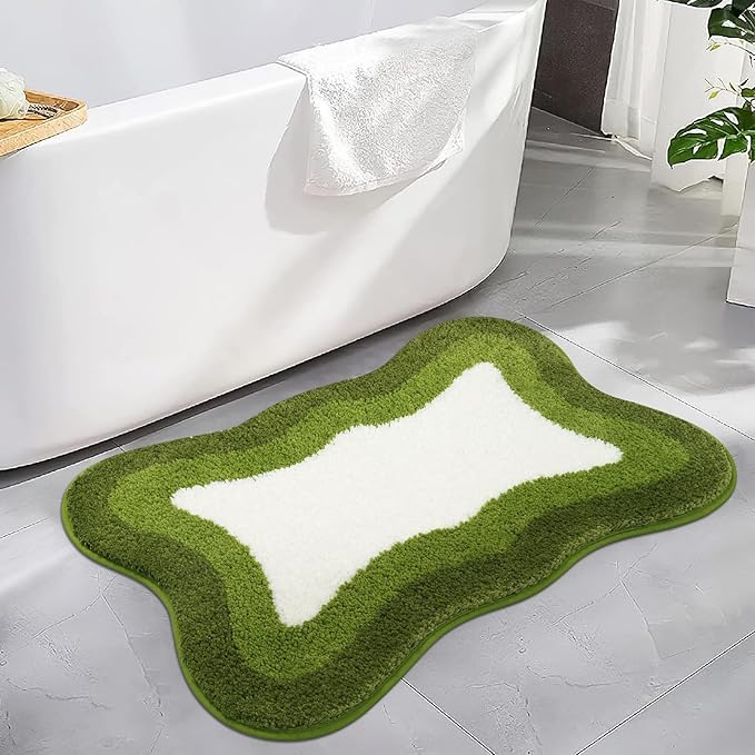 HAOCOO Green Bath Rug 20x31 inch, Soft Non Slip Gradient Irregular Shape Rug for Bathroom Decor, Microfiber Absorbent Washable Shower Rug Tub Shower