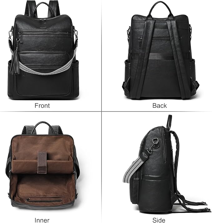 Shrrie 15.6 inch Laptop Backpack for Women,Large Leather Backpack Purse,Travel,Carry on,Water Resistant Casual Laptop Backpacks,College Backpack,Work Backpack for Women,Two-tone Black