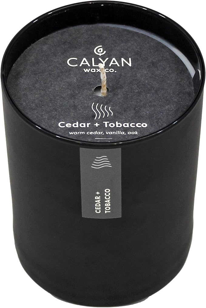 Calyan Wax Co. Soy Wax Candle, Cedar + Tobacco Scented Candle, 75 Hour Burn Time, Aromatherapy Soy Candles, Non Toxic & Vegan Soy Wax, Black Tumbler Scented Candles, 13oz
