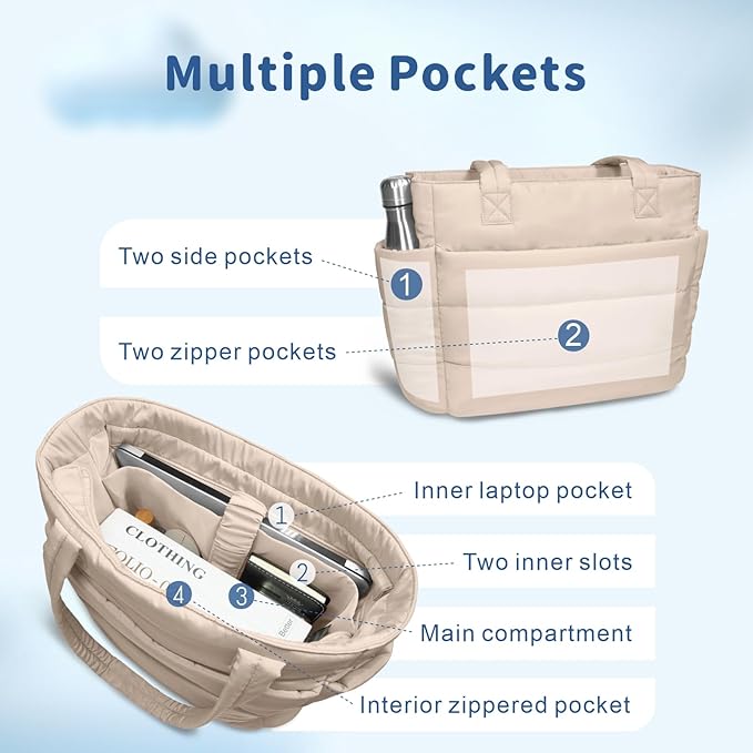 TOPDesign Puffer Tote Bag for Women, Lightweight Puffy Handbag with Compartments, Quilted Shoulder Bag for Work, Travel, Gym