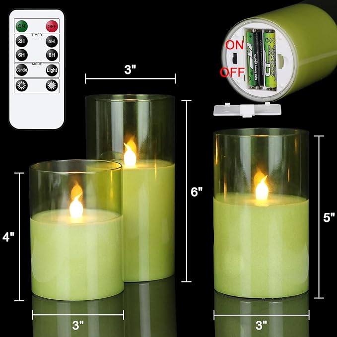GenSwin Green Glass Battery Operated Flameless Led Candles with 10-Key Remote and Timer, Real Wax Candles Warm White Flickering Light for Home Decoration(Set of 3)