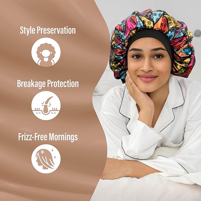 Satin Bonnet Adjustable Sleeping Silk Bonnet Black Women Men Double Layer Satin Silk Sleep Cap Hair Wrap Large Curly Hair