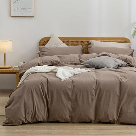 BESTOUCH Duvet Cover Set 100% Washed Cotton Linen Feel Super Soft Comfortable Chic Lightweight 3 PCs Home Bedding Set Solid Pine Bark Brown Oversized Queen