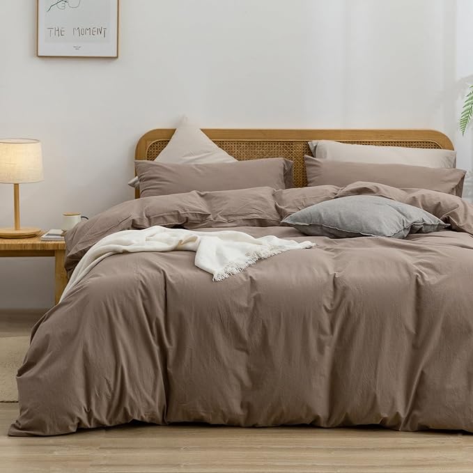 BESTOUCH Duvet Cover Set 100% Washed Cotton Linen Feel Super Soft Comfortable Chic Lightweight 3 PCs Home Bedding Set Solid Pine Bark Brown King
