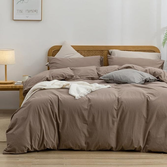 BESTOUCH Duvet Cover Set 100% Washed Cotton Linen Feel Super Soft Comfortable Chic Lightweight 3 PCs Home Bedding Set Solid Pine Bark Brown Super King