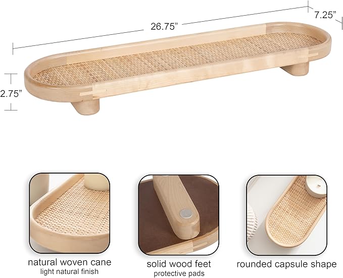 Kate and Laurel Planche Decorative Capsule Woven Tray with Solid Wood Frame, 27 x 8, Natural Brown, Modern Slim Wood Rectangle Serving Tray for Living Room