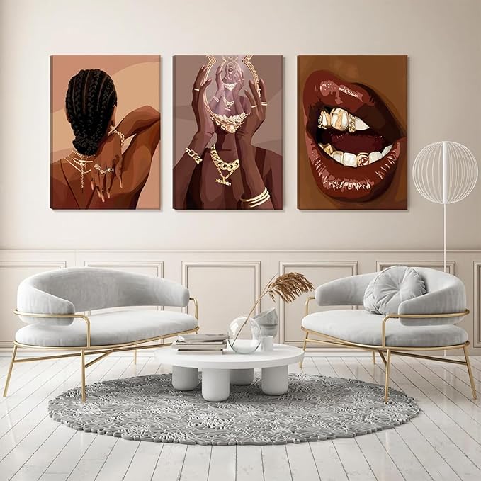ANVOTIG Framed Black Girl Canvas Wall Art Set of 3 Black Woman African American Women Wall Decor Pictures Boho Fashion Posters Home BedRoom Living Room 12x16 Inch