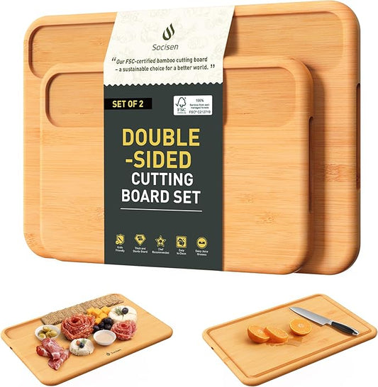 2 Packs Natural Wood Cutting Board Set Non Toxic Bamboo Cutting Boards with Juice Groove Wooden Chopping Board Ideal Charcuterie for Meat Fruit Vegetables Cheese Hardwood Kitchen Counter Kit
