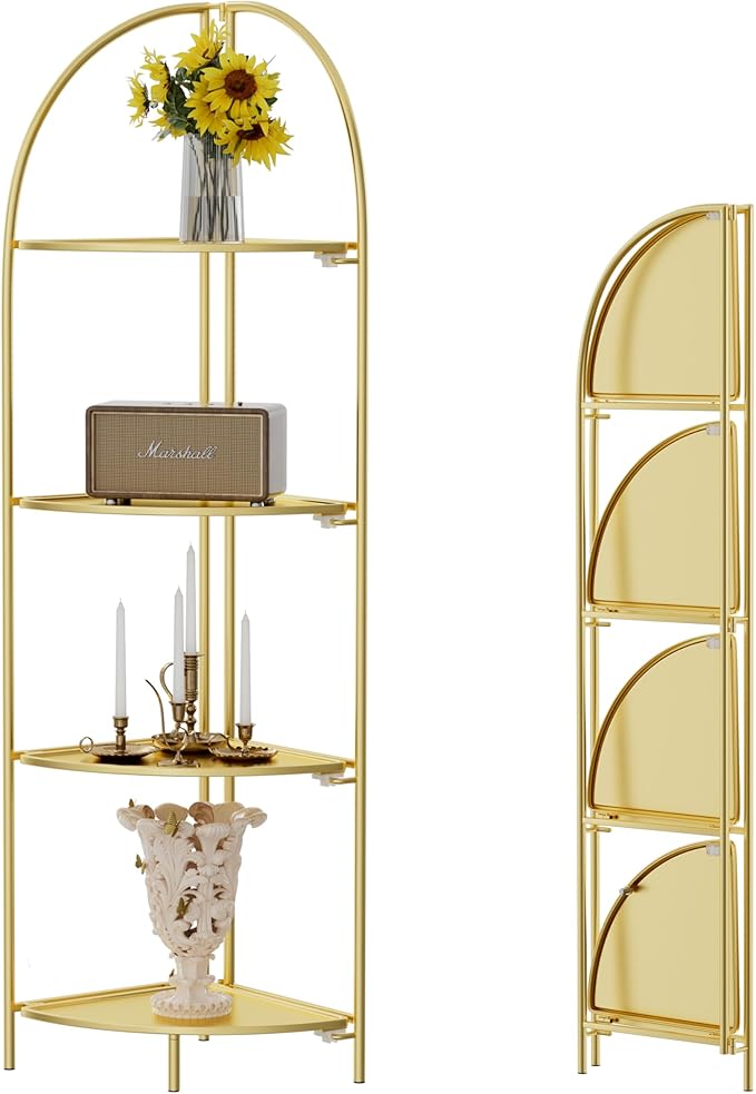 Crofy Foldable 4 Tier Corner Shelf, Metal Corner Plant Stand with Gold Frame and Gold Shelves, Corner Display Rack Multipurpose Shelving Unit for Living Room, Bedroom, Bathroom