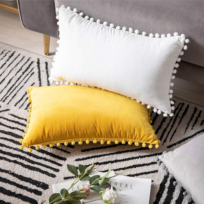 DEZENE Couch Pillow Covers 12x20 Yellow: 2 Pack Cozy Soft Pom-poms Velvet Rectangular Throw Pillow Cases for Farmhouse Home Decor
