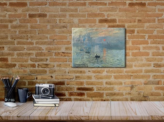 Wieco Art Impression Sunrise Canvas Prints Wall Art of Claude Monet Famous Oil Paintings Reproduction Seascape Ocean Sea Beach Pictures for Home Decorations Modern Stretched and Framed Giclee
