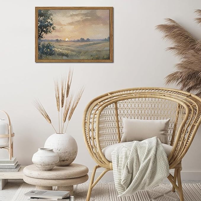 Framed 3D Textured Wall Art, Vintage Fall Sunset Wall Decor Painting, Hand Drawn Sandstone Nature Watercolor Landscape Pictures for Living Room Bedroom Home Decor 16x24 inch Wood Frame