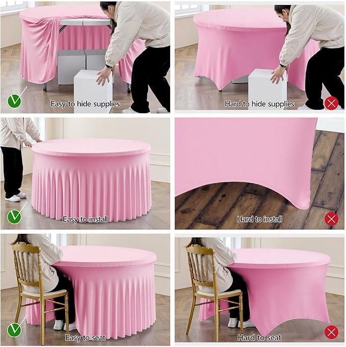 Outpain 8 Pack Spandex Pink Round Tablecloths for 60in Tables, 120Inch Stretchy Fitted 5FT Round Table Clothes,Wrinkle Free Table Cover with Skirt for Wedding Party Dining Banquet