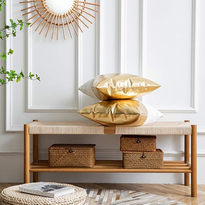 DEZENE Leather Throw Pillow Covers, Set of 2 Modern Leather/Cotton Decorative Pillowcases for Home Decor Bedroom Living Room Couch Bed Sofa, 18x18 Inch, Gold and White