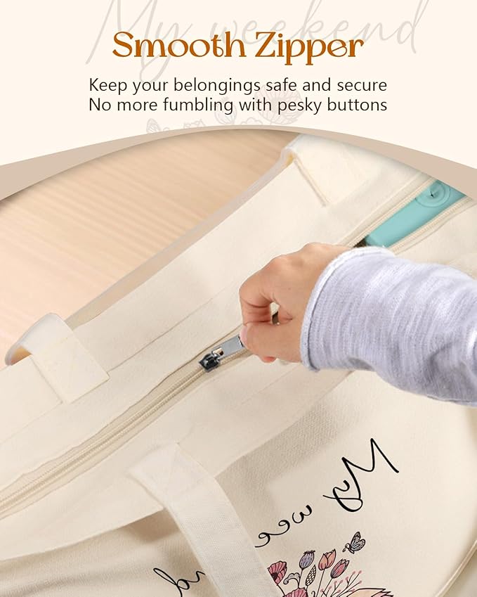 Canvas Tote Bag for Women – Aesthetic Canvas Bag with Zipper Cute Stylish Reusable Shoulder Totes for Shopping Work Daily Vacation, Weekend Book