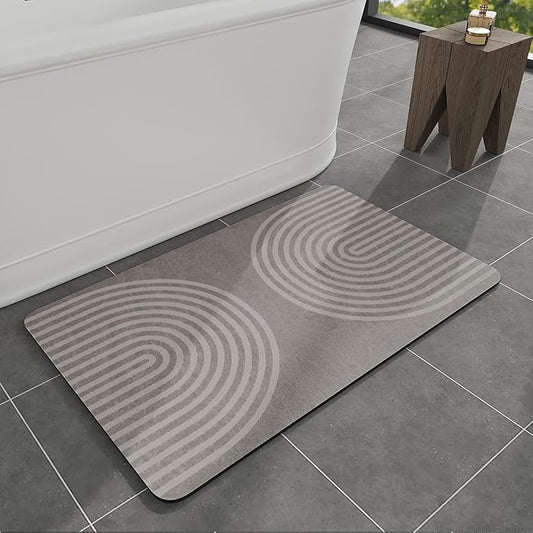 MontVoo -Bath Mat-Non Slip Thin Bathroom Rugs Fit Under Door- Quick Dry Absorbent Faux Suede Surface Grey Bathroom Floor Mats-Shower Rug for in Front of Bathtub Shower Grey & Beige 17x27.5