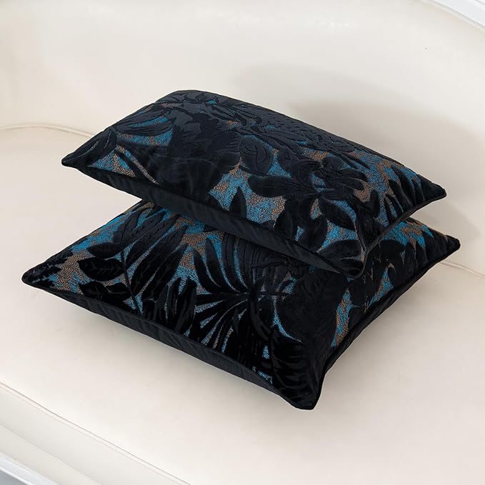 Alerfa Black Throw Pillow Cover 20x20 Inch, Square Cut Velvet Maple Leaf Embroidery Luxury Farmhosue Accent Decorative Pillow Cover for Couch Living Room Bedroom