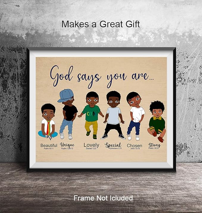 God Says You Are Wall Art - Religious Wall Decor for African American Boys - Christian Gifts - Scripture Decor - God Art - Black Boys Room Artwork - Motivational Inspirational Bible Verses