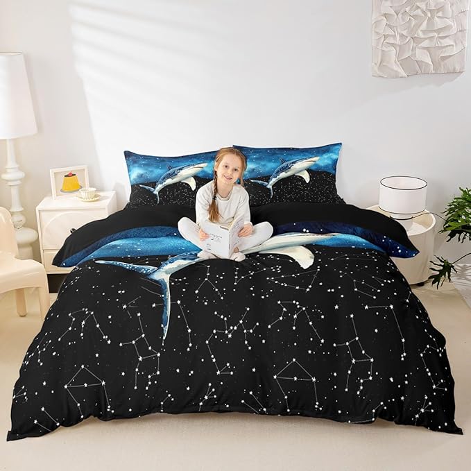 Shark Comforter Cover Galaxy Constellation Duvet Cover Set Queen Size,Mysterious Outer Space Bedding Set for Boys Girls Bedroom Decoration,Modern Fashion Starry Sky Theme Quilt Cover