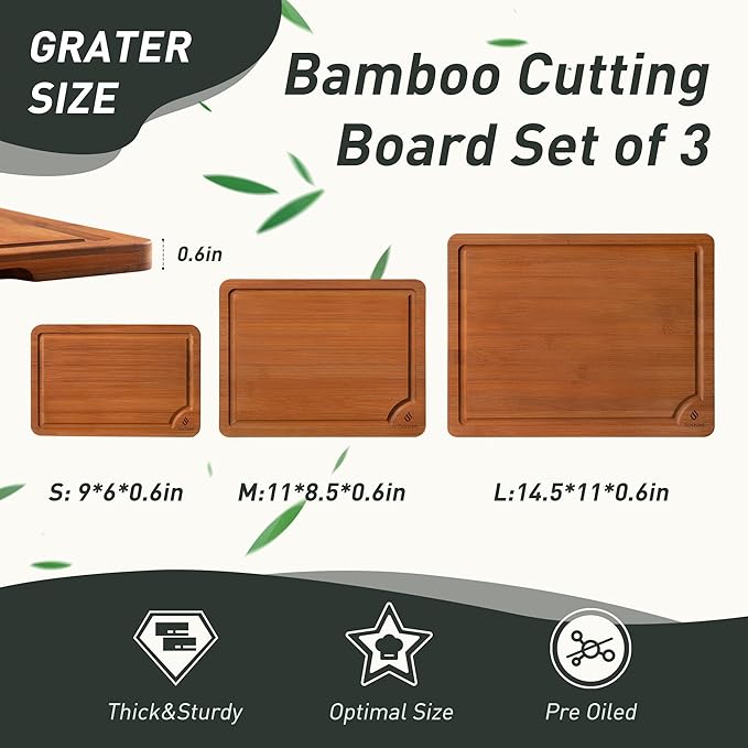 3 Packs Bamboo Cutting Board Set with Non Slip Feet and Over Sink Nice Solid Thick Wood Juice Groove Chopping Board Extra Large Big Small Best Hardwood Counter Organic Vegetable Kitchen Gadgets