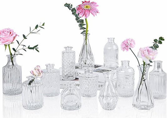 Clear Glass Bud Vases Set of 12, Mini Flower Vase for Centerpieces, Small Vases in Bulk for Wedding Decorations, Vintage Vase for Baby Shower, Party, Recepetion, Home Table Décor