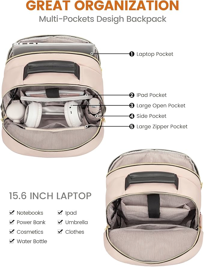 LOVEVOOK Laptop Backpack Purse for Women, Work Travel Computer Bags, College School Backpack for Student Girl, Quilted Casual Daypack with USB Port, Fit 15.6 Inch Laptop, Antiquewhite