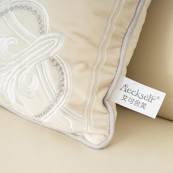 Aeckself European Luxury Velvet Lumbar Throw Pillow Cover 12 x 20 Inch, Embroidery Floral Pillow Cover Home Decor Oblong Pillowcase for Couch Bedroom Living Room, Off White