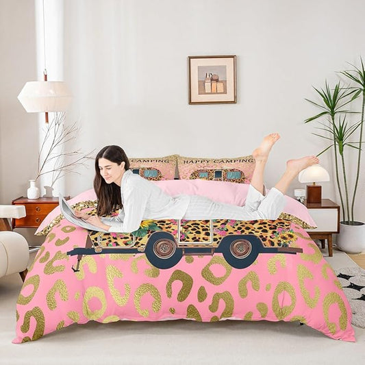 Camper Bedding Set King Size Comforter Cover for Kids Teen Girls Boys Room Decor,Happy Camping Theme Quilt Cover Leopard Cartoon Car Duvet Cover with 2 Pillowcases, Pink Golden