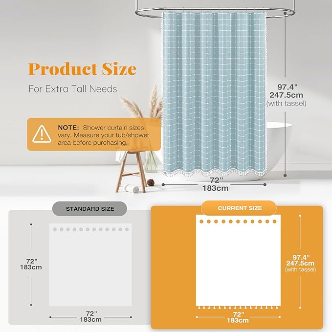 BTTN Extra Long Shower Curtain - 72x96 Inch Long Boho Chic Linen Fabric Heavy Duty Shower Curtain Set with Hooks, Tall Bohemian Farmhouse Shabby Chic Tassel Shower Curtains for Bathroom - Fog Blue